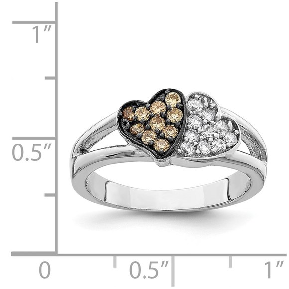 925 Sterling Silver Rhodium Clear & Champagne CZ Hearts Ring, Size 7 - Picture 4 of 5